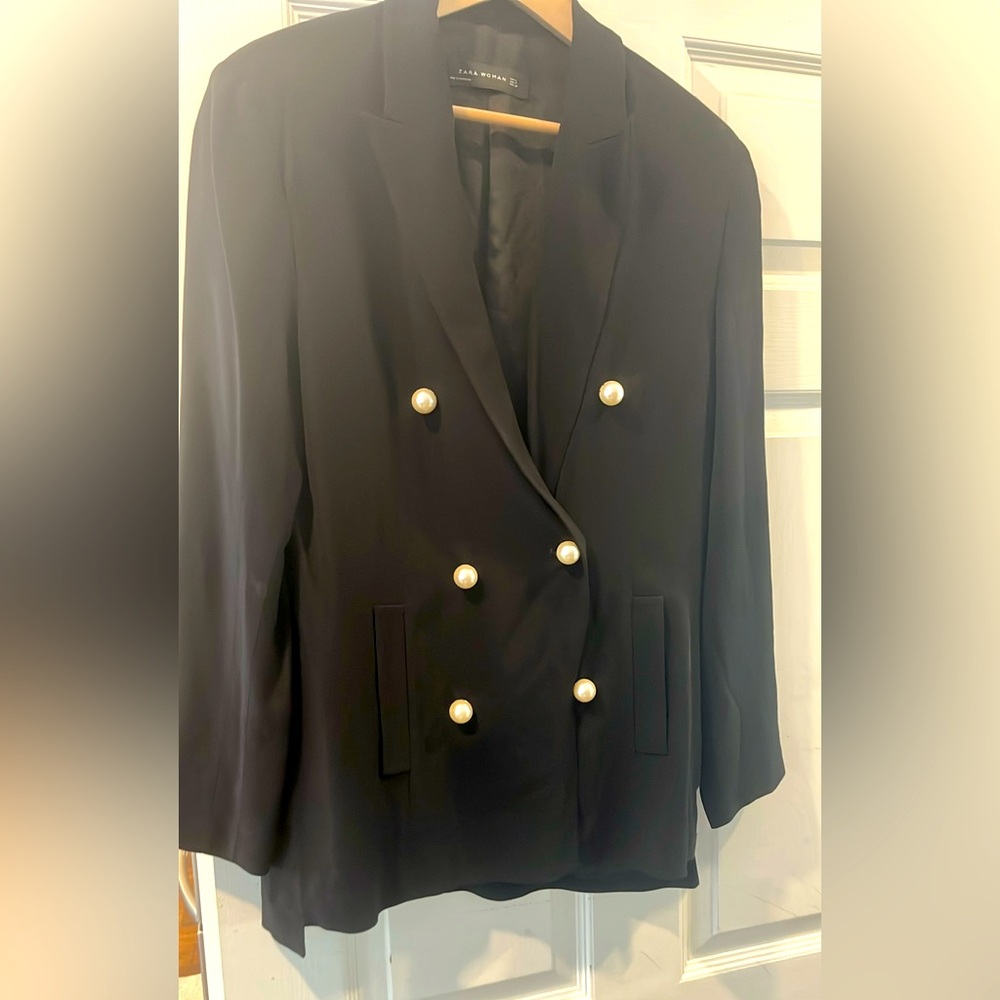 Zara Black Double-Breasted Blazer with Pearl Buttons